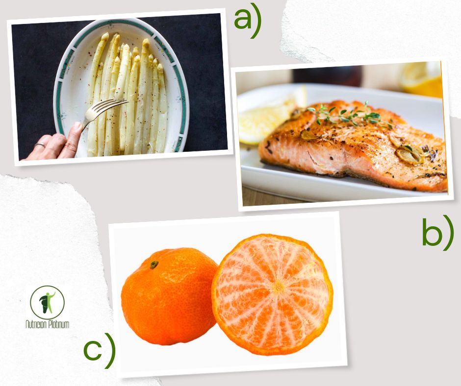 Espárragos blancos con salmón a las hiervas y 1 mandarina tamaño puño.